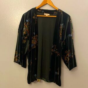 Loft 3/4 Sleeve Velvet Floral Open-Front Kimono Cardigann